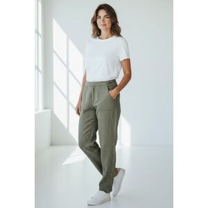 Athleta Voyager‎ Linen Pants Women's 16 Olive Green Cropped Adjustable Waist